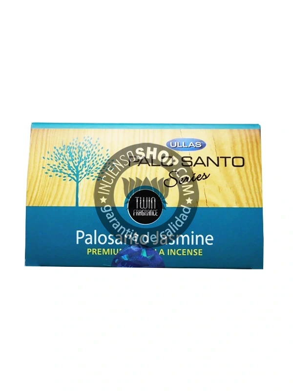 Incienso Ullas Palosanto con Jazmín caja vista desde arriba aroma amaderado floral y dulce que combina la limpieza energética y purificación del palosanto con la atracción del amor y la paz interior del jazmín ideal para rituales de afecto.