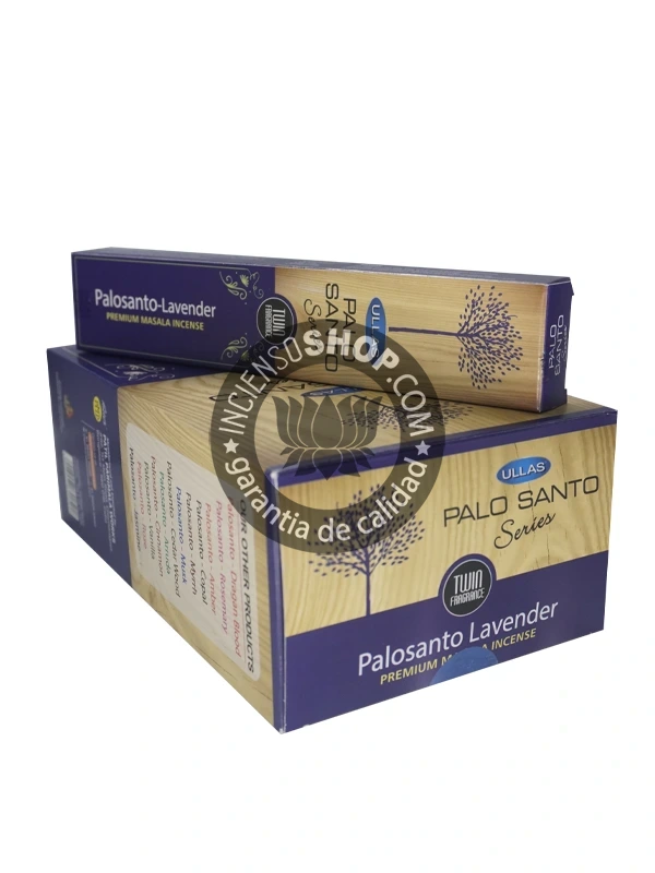 Caja de incienso Ullas Palo Santo con lavanda aroma maderoso floral y purificante ideal para calma mental limpieza energética y equilibrio espiritual