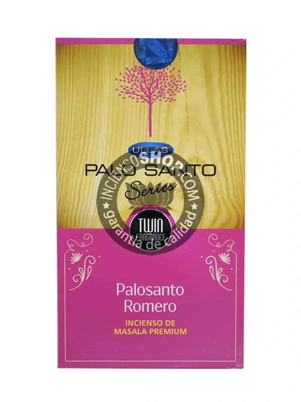 Incienso Ullas Palosanto con Romero caja de frente vista principal aroma amaderado fresco y herbal ideal para la limpieza energética profunda la protección el destierro de la negatividad y para fomentar la concentración la memoria y la prosperidad.