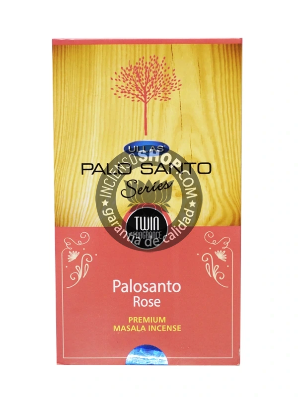 Incienso Ullas Palosanto con Rosa caja de frente vista principal aroma floral dulce y amaderado ideal para combinar la purificación energética del palosanto con la atracción del amor la paz interior la sensualidad y la apertura del chakra corazón