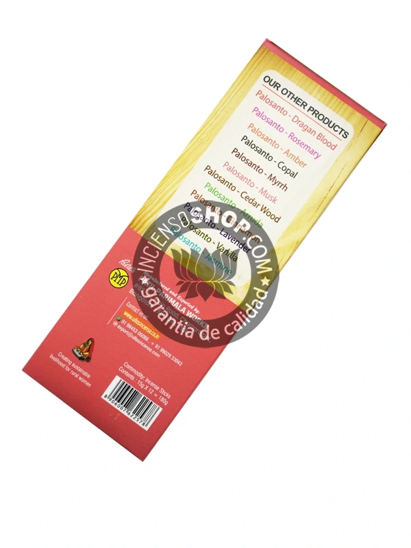 Incienso Ullas Palosanto con Rosa caja vista de lado aroma floral dulce y amaderado que mezcla las propiedades purificadoras del palosanto con las vibraciones de amor y armonía de la rosa ideal para rituales de afecto y sanación emocional