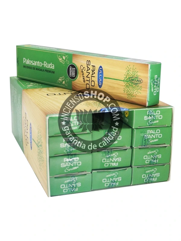 Incienso Ullas Palosanto con Ruda caja abierta mostrando los palitos de incienso aroma intenso herbal y amaderado ideal para rituales de limpieza purificación y protección contra la envidia el mal de ojo y todo tipo de negatividad atrayendo al mismo tiempo la buena fortuna y la prosperidad