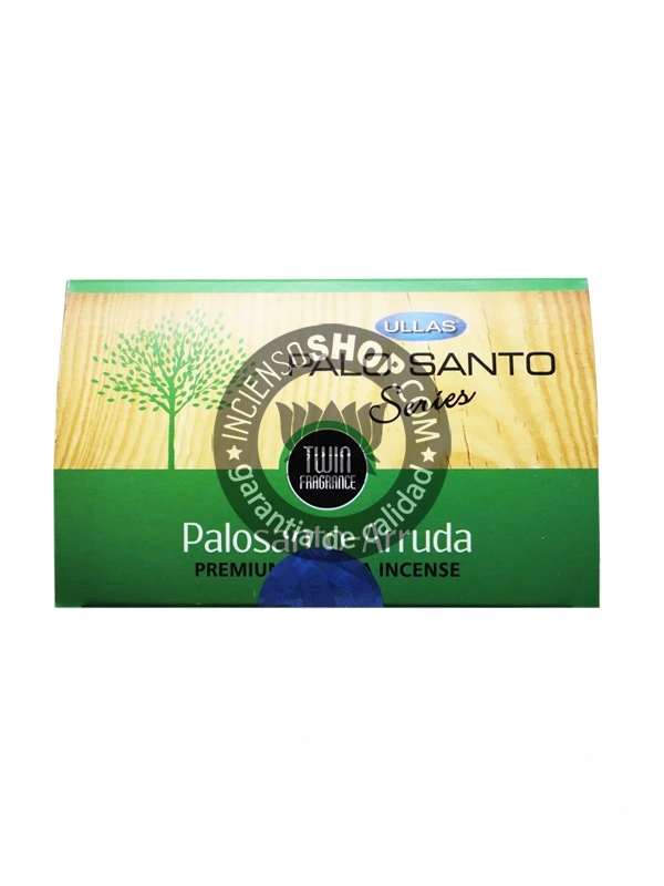 Incienso Ullas Palosanto con Ruda caja vista desde arriba aroma amaderado intenso y herbal ideal para la limpieza energética la protección contra todo tipo de negatividad la envidia y para atraer la prosperidad económica y la buena fortuna en los negocios
