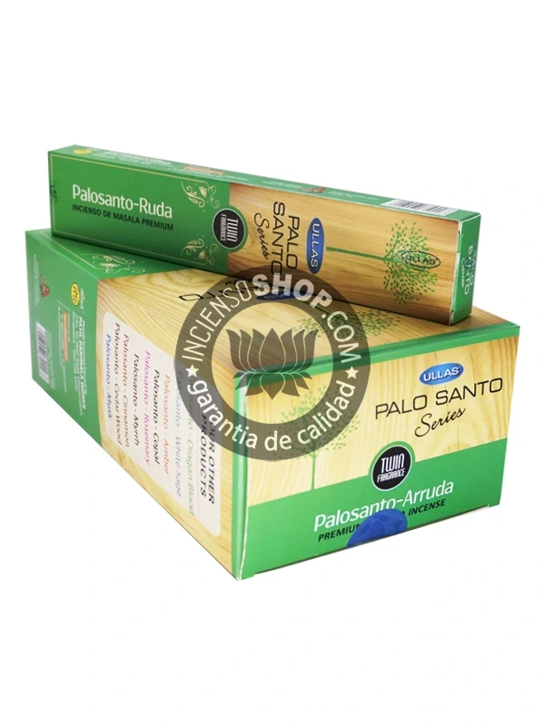 Incienso Ullas Palosanto con Ruda caja mostrando los palitos de incienso aroma amaderado herbal e intenso ideal para la purificación de altares la limpieza de ambientes cargados la protección contra energías negativas y para atraer la prosperidad y la buena suerte.