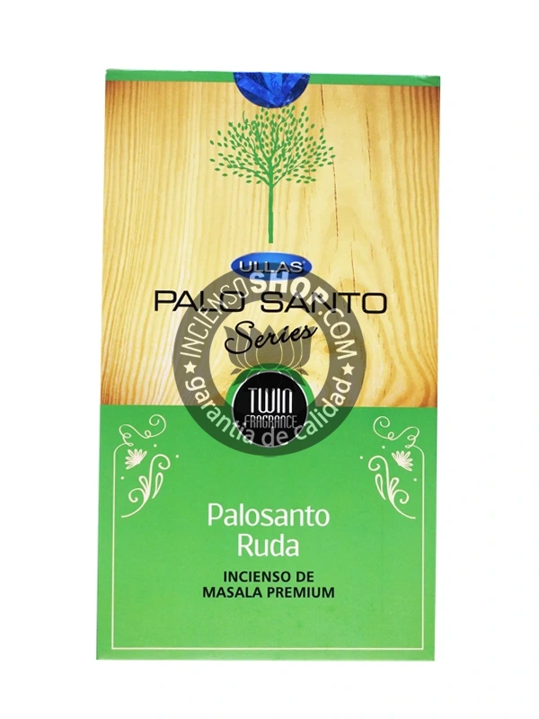 Incienso Ullas Palosanto con Ruda caja de frente vista principal aroma amaderado herbal e intenso ideal para la limpieza energética extrema la protección contra el mal de ojo la envidia y para atraer la buena suerte y la prosperidad en el dinero y el trabajo.