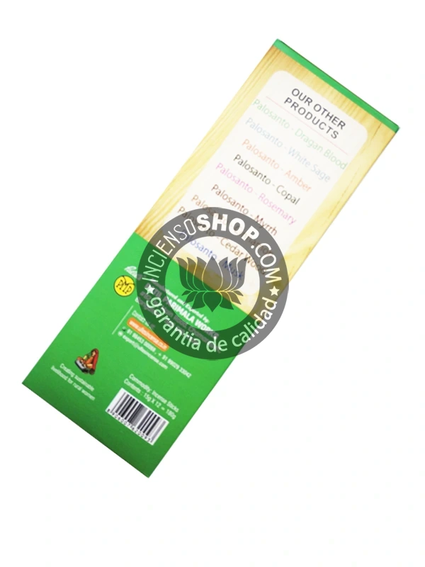 Incienso Ullas Palosanto con Ruda caja vista de lado aroma amaderado herbal e intenso que combina la purificación del palosanto con el poder protector de la ruda ideal para la limpieza energética la protección contra el mal de ojo y atraer la prosperidad.
