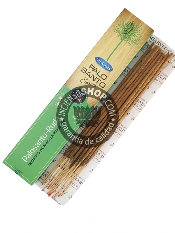 Incienso Ullas Palosanto con Ruda paquete individual visto desde arriba con los palitos de incienso visibles aroma intenso herbal y amaderado ideal para la limpieza energética la protección contra el mal de ojo la envidia y para atraer la prosperidad económica y la buena fortuna en todos los aspectos de la vida