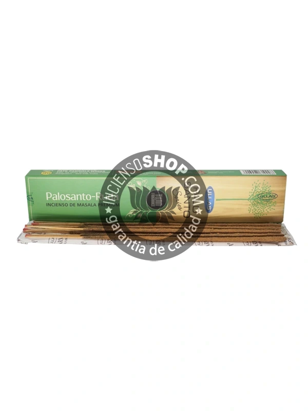 Incienso Ullas Palosanto con Ruda paquete individual en posición horizontal con los palitos de incienso visibles aroma intenso herbal y amaderado ideal para la limpieza energética la protección contra el mal de ojo la envidia y para atraer la prosperidad económica y la buena fortuna.