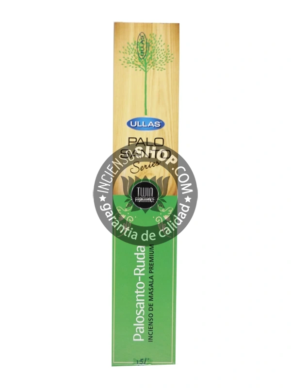 Incienso Ullas Palosanto con Ruda paquete individual vista de frente aroma amaderado herbal e intenso ideal para la limpieza energética extrema la protección contra el mal de ojo la envidia y para atraer la buena suerte y la prosperidad en el dinero y el trabajo.