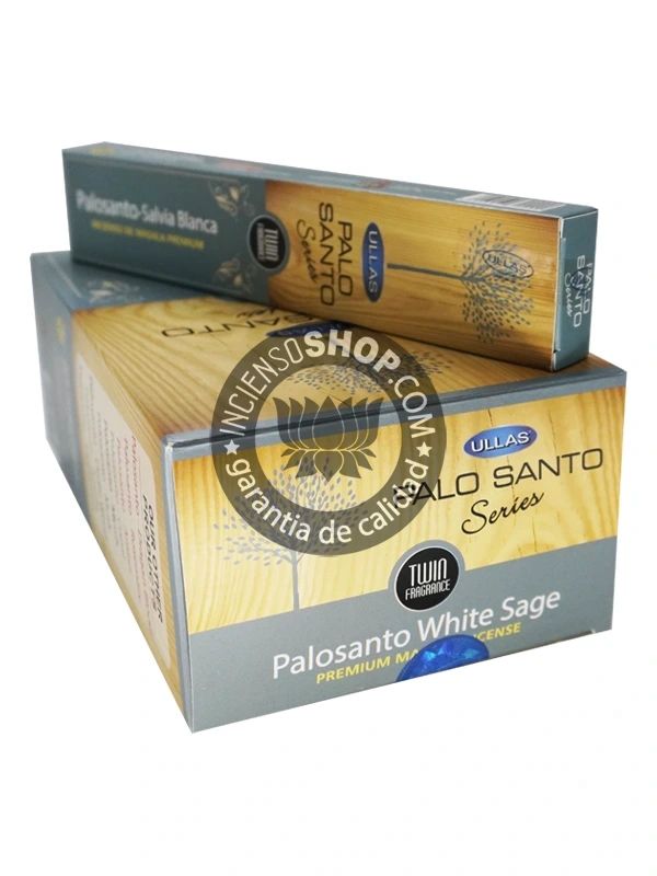 Incienso Ullas Palosanto con Salvia Blanca caja mostrando los palitos de incienso aroma purificador fresco y amaderado ideal para limpiar energías estancadas atraer la buena suerte la protección y promover la claridad mental y la sanación