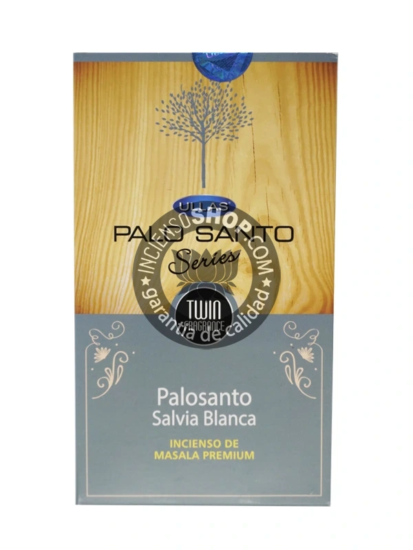 Incienso Ullas Palosanto con Salvia Blanca caja de frente vista principal aroma herbal fresco amaderado y purificador de palosanto y salvia blanca ideal para la limpieza energética profunda el destierro de malos espíritus la consagración de espacios y la atracción de energías de sanación y protección