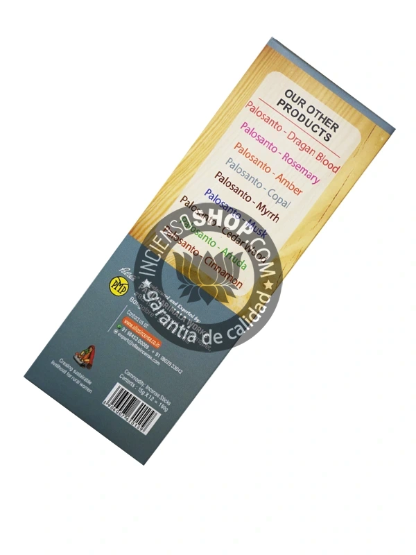 Incienso Ullas Palosanto con Salvia Blanca caja vista de lado aroma amaderado herbal y purificador la combinación perfecta para la limpieza profunda del aura la meditación y para crear un ambiente de alta vibración y protección