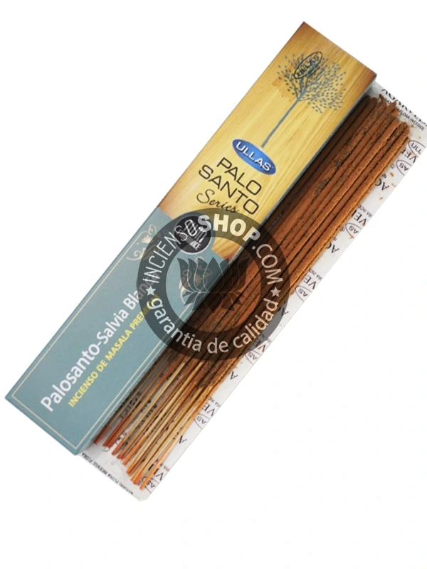 Incienso Ullass Palo Santo con Salvia Blanca unidad con producto, la máxima combinación de purificación; el uso de esta mezcla limpia profundamente el ambiente y atrae bendiciones y claridad mental.