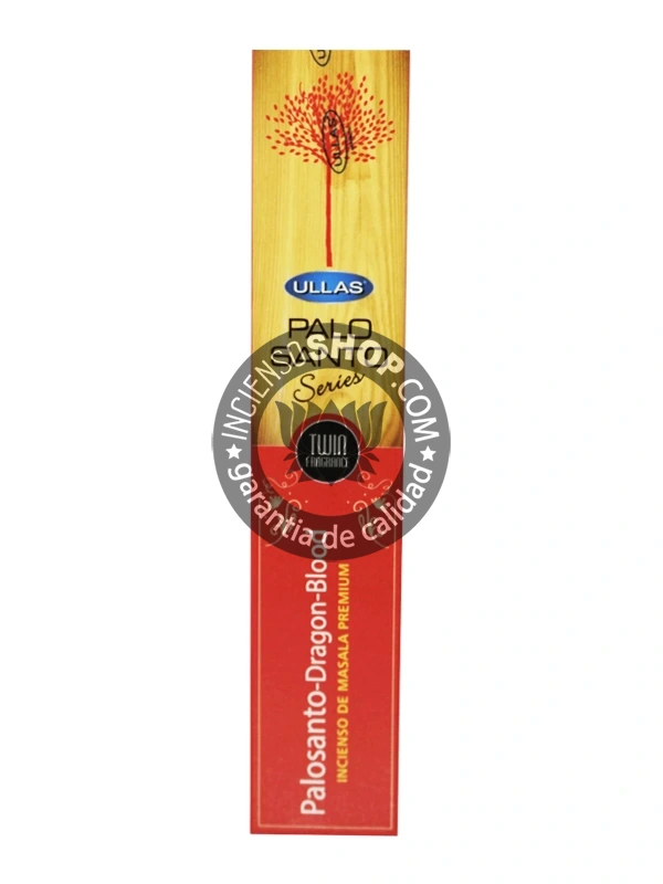 Incienso Ullass Palo Santo con Sangre de Dragón unidad de frente, ideal para limpieza y protección fuerte; combina la purificación del Palo Santo con la Sangre de Dragón para sellar y proteger el espacio.