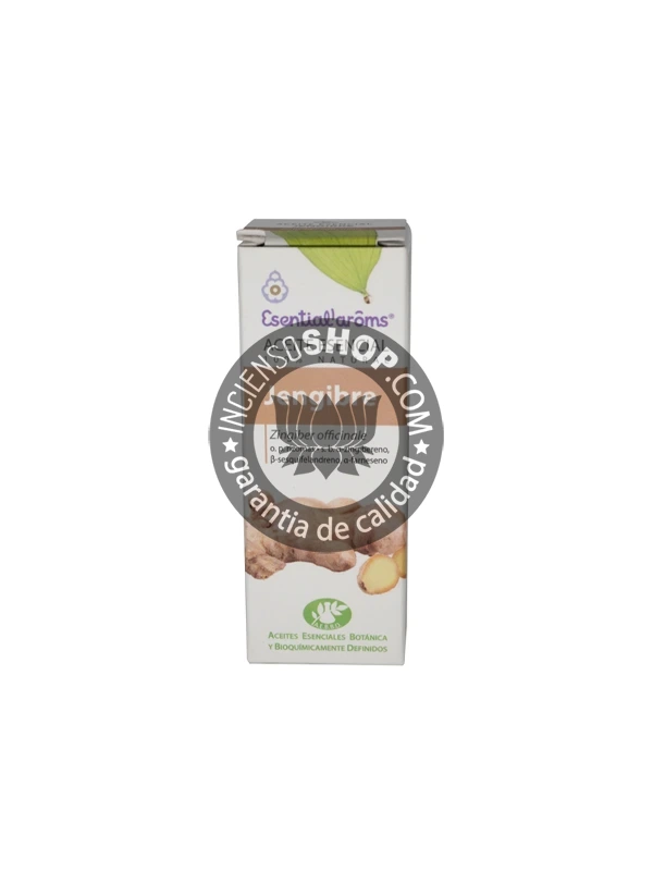 Aceite esencial de Jengibre (Ginger) Esential Aroms caja vista de frente en posición vertical con el logotipo y nombre del producto aroma especiado cálido amaderado y picante ideal para el vigor la energía la circulación el confort digestivo y el ambiente estimulante.