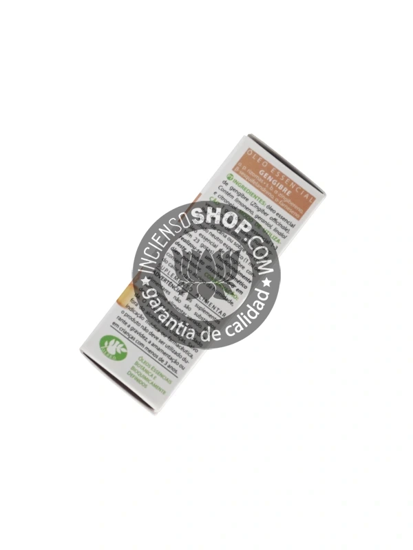 Aceite esencial de Jengibre (Ginger) Esential Aroms caja vista por detrás mostrando el reverso del empaque con la descripción e información del producto aroma especiado cálido amaderado y picante ideal para el vigor la energía la circulación el confort digestivo y el ambiente estimulante.