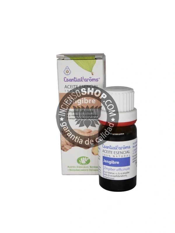 Aceite esencial de Jengibre (Ginger) Esential Aroms caja y botella del producto vistas de frente en posición vertical aroma especiado cálido amaderado y picante ideal para el vigor la energía la circulación el confort digestivo y el ambiente estimulante.