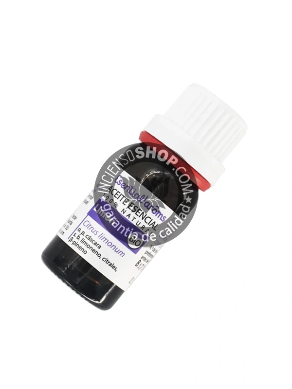 Aceite esencial de Limón (Lemon) Esential Aroms botella vista en toma cenital (desde arriba). Presenta un aroma cítrico, fresco y purificante, ideal para la concentración, la limpieza ambiental, la energía y el bienestar respiratorio.