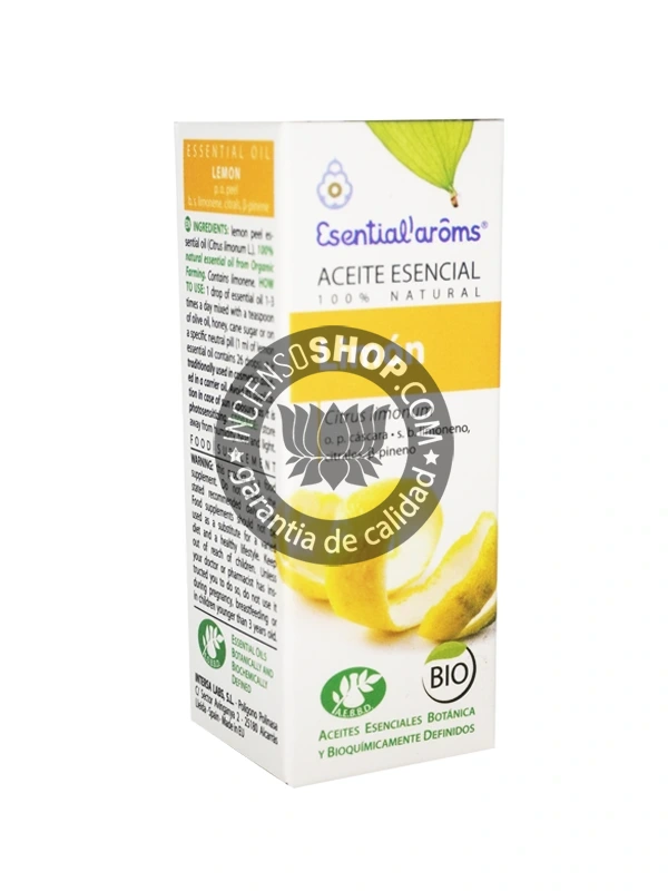 Aceite esencial de Limón (Lemon) Esential Aroms caja vista de frente en posición vertical con el logotipo y nombre del producto. Presenta un aroma cítrico, fresco y purificante, ideal para la concentración, la limpieza ambiental, la energía y el bienestar respiratorio.