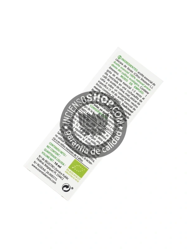 Aceite esencial de Limón (Lemon) Esential Aroms caja vista por detrás. Muestra el reverso del empaque con la descripción e información del producto. Presenta un aroma cítrico, fresco y purificante, ideal para la concentración, la limpieza ambiental, la energía y el bienestar respiratorio.