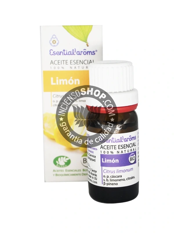 Aceite esencial de Limón (Lemon) Esential Aroms caja y botella del producto vistas de frente en posición vertical. Presenta un aroma cítrico, fresco y purificante, ideal para la concentración, la limpieza ambiental, la energía y el bienestar respiratorio.