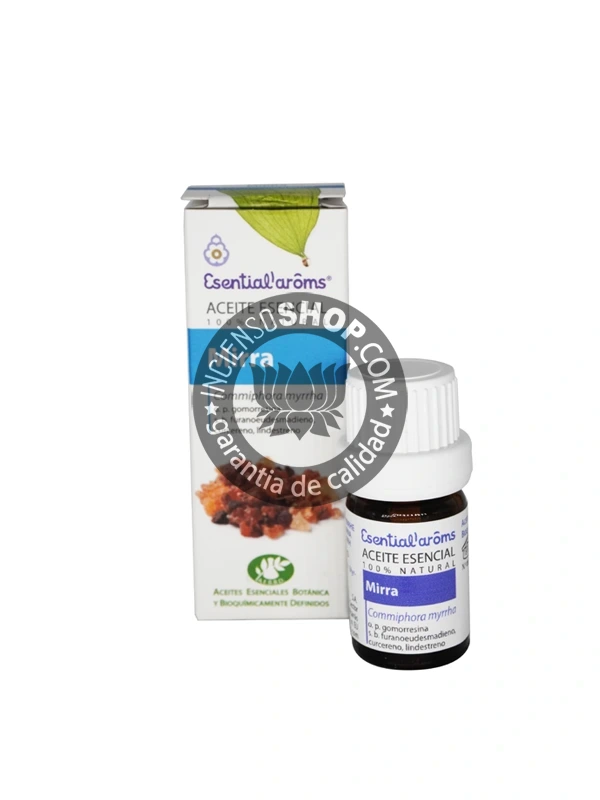 Aceite esencial de Mirra (Myrrh) Esential Aroms caja y botella del producto vistas de frente en posición vertical aroma balsámico cálido terroso y especiado ideal para la meditación la conexión a tierra el ambiente espiritual la renovación celular y el cuidado de la piel.