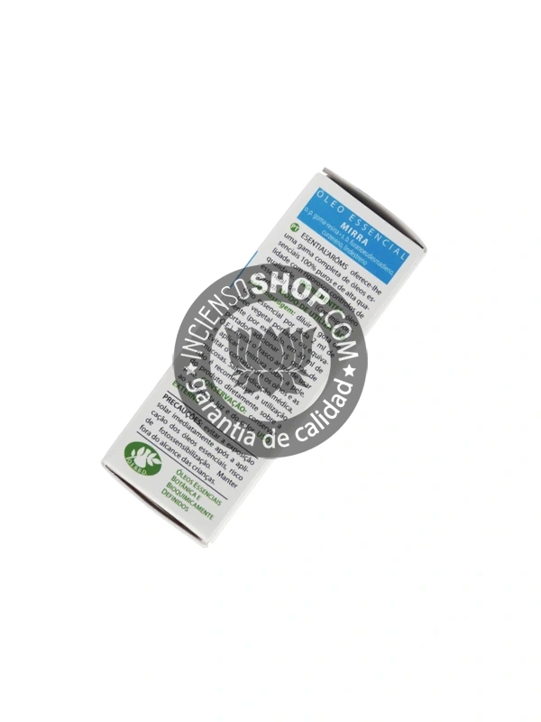 Aceite esencial de Mirra (Myrrh) Esential Aroms caja vista por detrás mostrando el reverso del empaque con la descripción e información del producto aroma balsámico cálido terroso y especiado ideal para la meditación la conexión a tierra el ambiente espiritual la renovación celular y el cuidado de la piel.