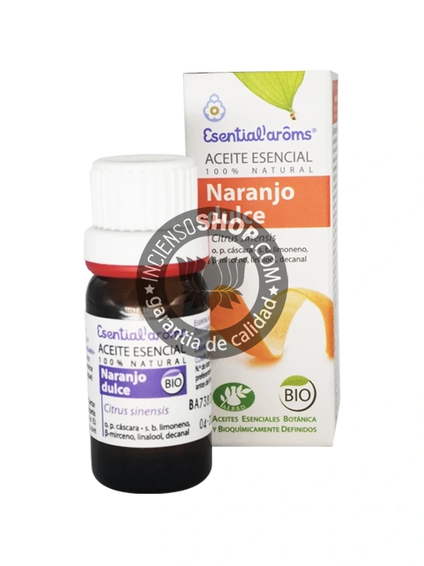 Aceite esencial de Naranjo Dulce (Sweet Orange) Esential Aroms caja y botella del producto vistas de frente en posición vertical. Posee un aroma cítrico, dulce, fresco y alegre, ideal para el bienestar emocional, la alegría, la relajación y la purificación ambiental.