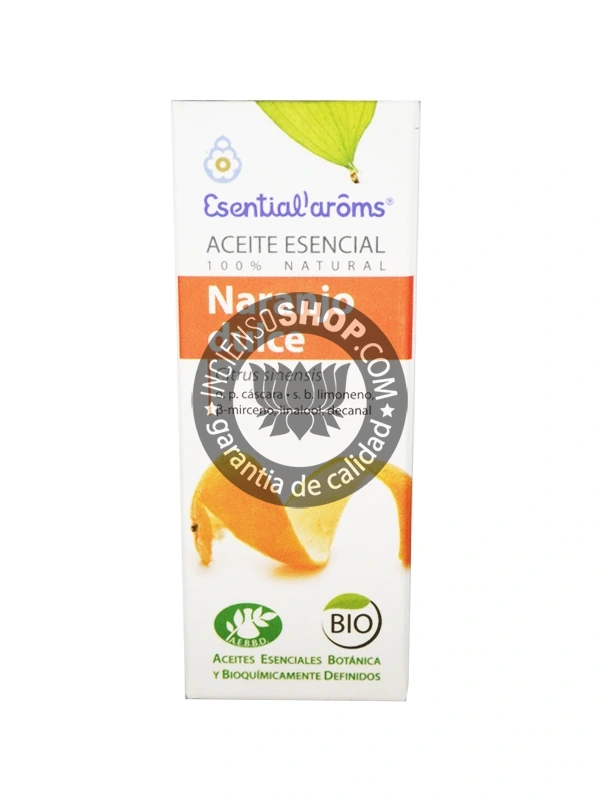 Aceite esencial de Naranjo Dulce (Sweet Orange) Esential Aroms caja vista de frente en posición vertical con el logotipo y nombre del producto. Posee un aroma cítrico, dulce, fresco y alegre, ideal para el bienestar emocional, la alegría, la relajación y la purificación ambiental.