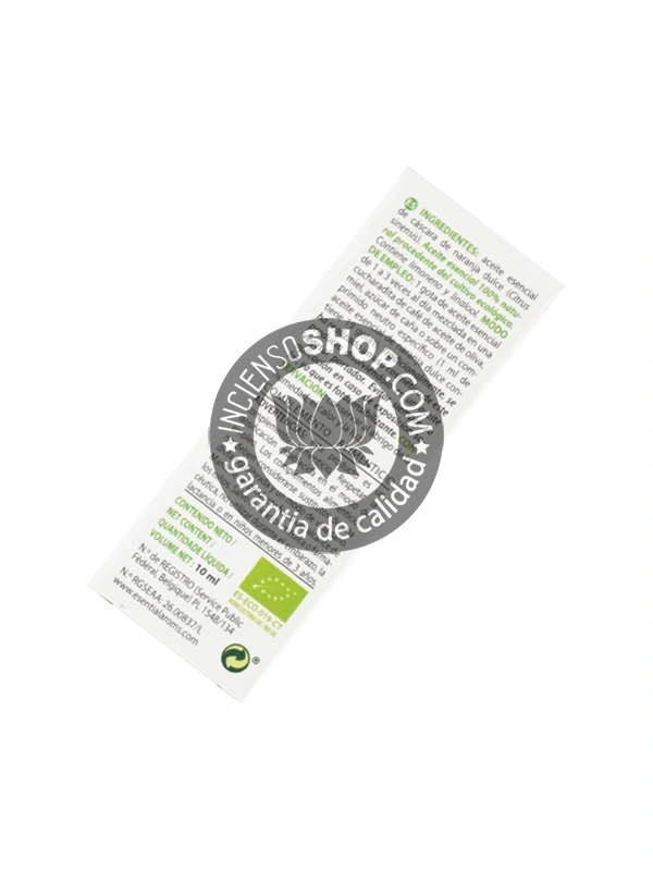 Aceite esencial de Naranjo Dulce (Sweet Orange) Esential Aroms caja vista por detrás. Muestra el reverso del empaque con la descripción e información del producto. Posee un aroma cítrico, dulce, fresco y alegre, ideal para el bienestar emocional, la alegría, la relajación y la purificación ambiental.