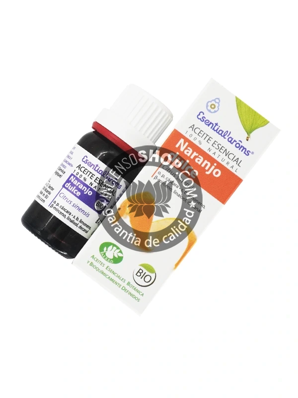 Aceite esencial de Naranjo Dulce (Sweet Orange) Esential Aroms caja y botella del producto vistas en toma cenital (desde arriba). Posee un aroma cítrico, dulce, fresco y alegre, ideal para el bienestar emocional, la alegría, la relajación y la purificación ambiental.