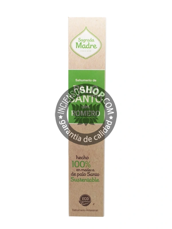 Caja de pie de incienso palo santo y romero Sagrada Madre aroma herbal fresco con notas maderosas y cítricas ideal para purificación energética claridad mental y protección espiritual en rituales ancestrales