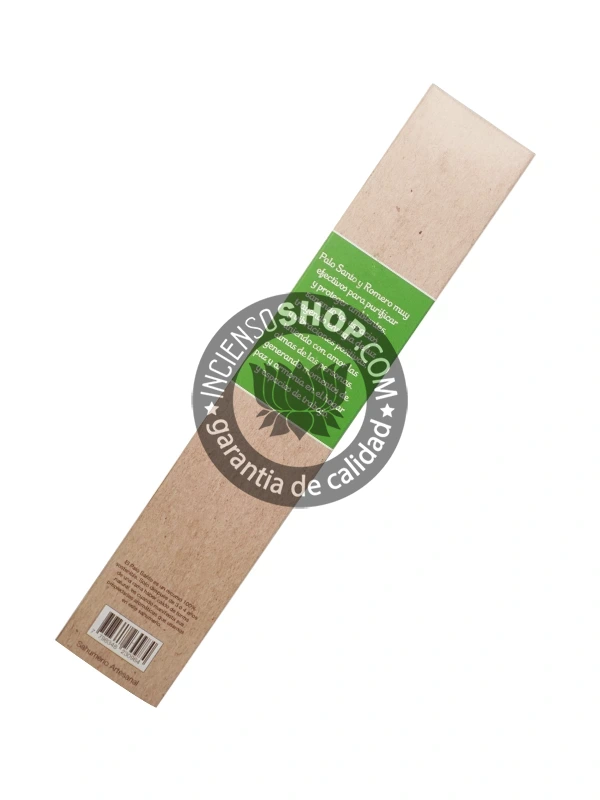 Caja por detrás de incienso palo santo y romero Sagrada Madre aroma herbal fresco con notas maderosas y cítricas ideal para purificación energética claridad mental y protección espiritual en rituales ancestrales