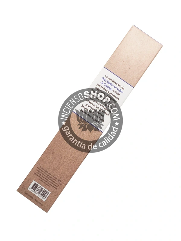 Caja por detrás de incienso palo santo y champa Sagrada Madre aroma floral místico con notas cítricas y maderosas ideal para purificación energética elevación espiritual y armonización de espacios sagrados