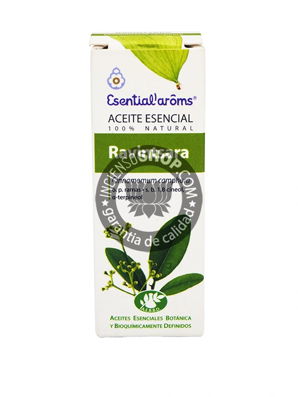 Ravintsara Esential Aroms caja frontal producto de aromaterapia aceite esencial quimiotipado aroma alcanforado fresco y medicinal ideal para el apoyo de las vías respiratorias fortalecer el sistema inmune y purificar el aire