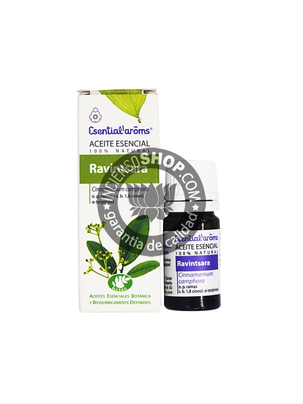 Ravintsara Esential Aroms caja abierta y botella vista cenital aceite esencial aroma fresco balsámico y estimulante potente antiviral y antibacteriano ideal para masajes pectorales y difusión en el ambiente para prevención de infecciones respiratorias