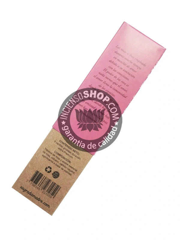 Caja por detrás de sahumerio rosas y olíbano línea hierbas aroma floral dulce y resinoso ideal para rituales de amor sanación emocional y purificación espiritual en ambientes sagrados