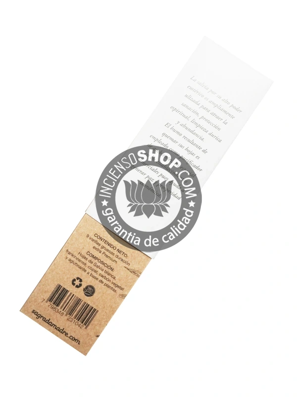 Caja por detrás de sahumerio salvia blanca línea hierbas aroma herbal intenso y purificador ideal para limpieza energética eliminación de vibraciones negativas y restauración del equilibrio espiritual en rituales ancestrales