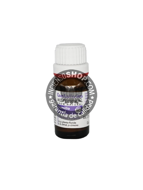Aceite esencial de Tomillo (Thyme) Esential Aroms botella vista de frente con la etiqueta aroma potente herbáceo cálido y limpio ideal como antiséptico natural para la purificación del ambiente la energía el sistema inmunológico y el bienestar respiratorio.