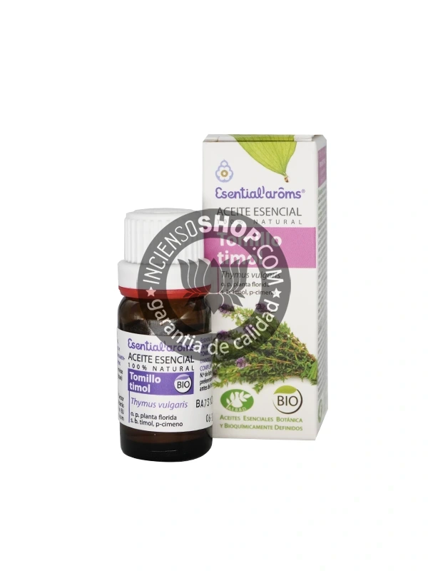 Aceite esencial de Tomillo (Thyme) Esential Aroms caja y botella del producto vistas de frente en posición vertical aroma potente herbáceo cálido y limpio ideal como antiséptico natural para la purificación del ambiente la energía el sistema inmunológico y el bienestar respiratorio.