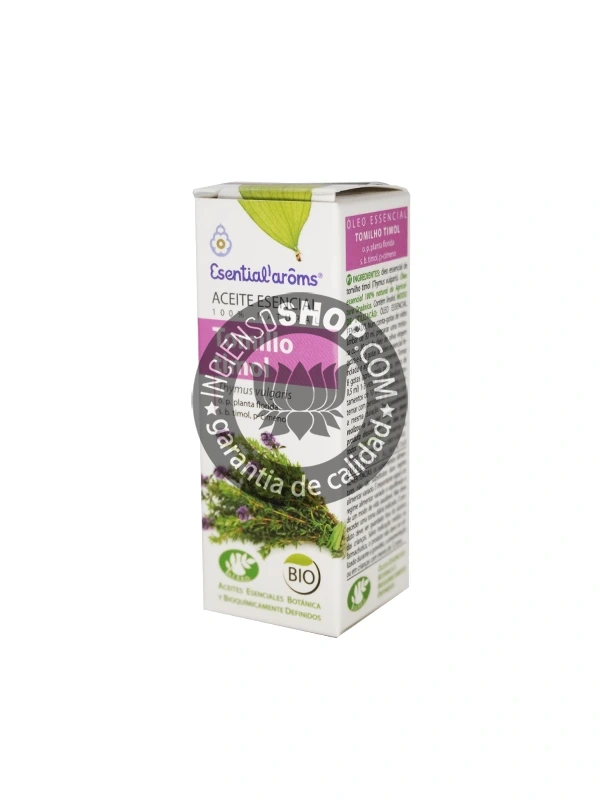 Aceite esencial de Tomillo (Thyme) Esential Aroms caja vista de lado mostrando el costado del empaque con la información adicional aroma potente herbáceo cálido y limpio ideal como antiséptico natural para la purificación del ambiente la energía el sistema inmunológico y el bienestar respiratorio.