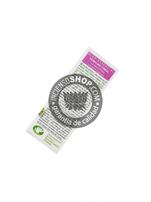 Aceite esencial de Tomillo (Thyme) Esential Aroms caja vista por detrás mostrando el reverso del empaque con la descripción e información del producto aroma potente herbáceo cálido y limpio ideal como antiséptico natural para la purificación del ambiente la energía el sistema inmunológico y el bienestar respiratorio.