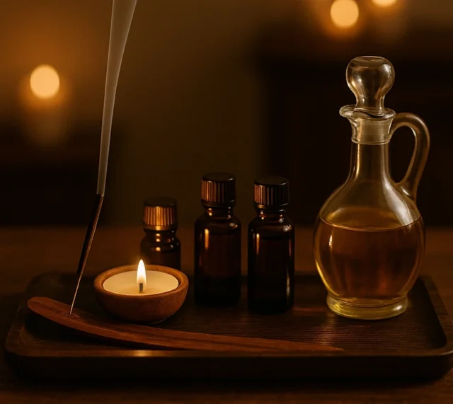 Bandera de madera con vela encendida, varilla de incienso, frascos de aceites esenciales y botella de base oleosa — escena cálida y serena ideal para rituales nocturnos, meditación o momentos de introspección. Productos naturales y puros exclusivos en Incenseshop.online
