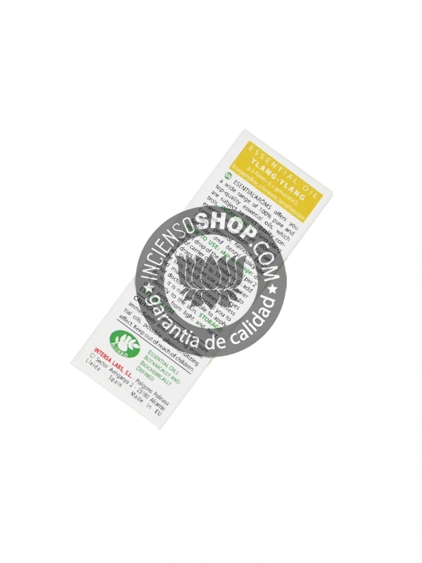 Ylang Ylang Esential Aroms caja vista cenital aceite esencial aroma floral dulce y exótico con propiedades euforizantes y sedantes ideal para reducir la tensión emocional mejorar el estado de ánimo y usar como perfume natural