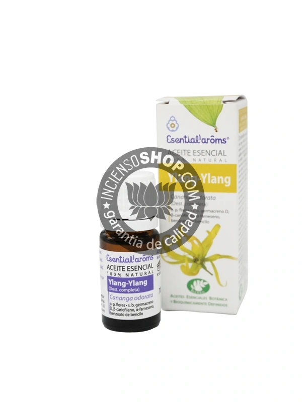 Ylang Ylang Esential Aroms caja frontal con la botella visible aceite esencial aroma floral intenso y sensual con efecto relajante y afrodisíaco ideal para momentos de intimidad terapias de pareja y reducir la hiperactividad mental