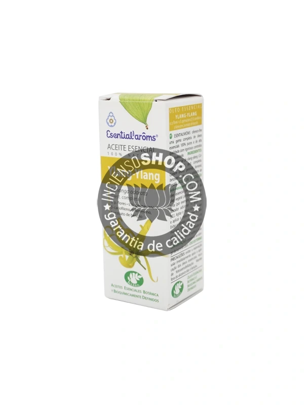 Ylang Ylang Esential Aroms caja frontal aceite esencial aroma floral penetrante y dulce con propiedades antiestrés y ansiolíticas ideal para equilibrar el ritmo cardíaco promover la calma y la conexión emocional en casa