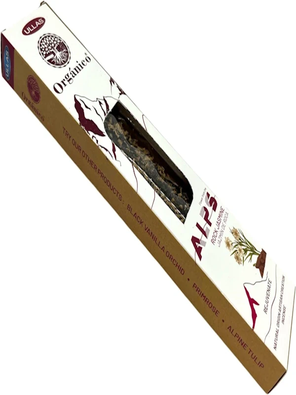 Incienso Ullas de la línea Alps con aroma a Jazmín de Roca. Elaborado 100% natural, orgánico y hecho a mano en India. Su fragancia floral, suave y sensual es ideal para la relajación profunda, la meditación y para crear un ambiente romántico y tranquilo.