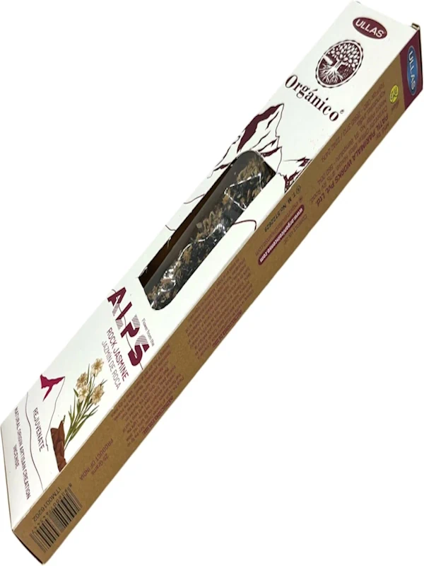 Incienso Ullas de la línea Alps con aroma a Jazmín de Roca. Elaborado 100% natural, orgánico y hecho a mano en India. Su fragancia floral, suave y sensual es ideal para la relajación profunda, la meditación y para crear un ambiente romántico y tranquilo.