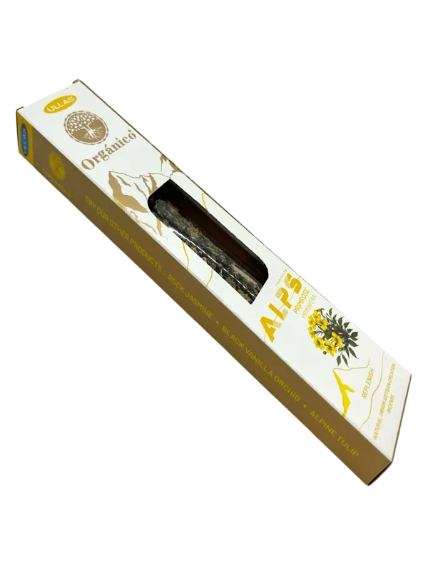Incienso Ullas de la línea Alps con aroma a Primavera. Elaborado 100% natural, orgánico y hecho a mano en India. Su fragancia fresca, floral y revitalizante es ideal para renovar energías, levantar el ánimo y crear un ambiente alegre y dinámico.