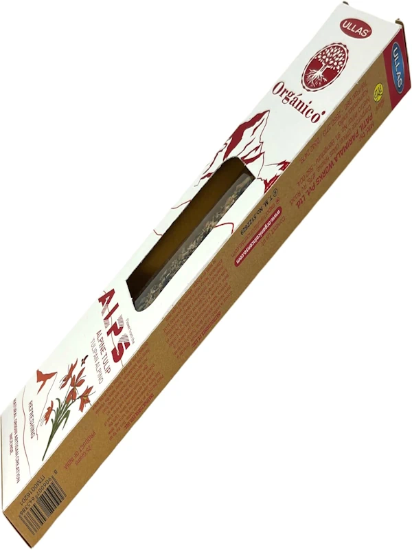 Incienso Ullas de la línea Alps con aroma a Tulipan Alpino, elaborado 100% natural, orgánico y hecho a mano en India. Su fragancia floral, suave y fresca es ideal para crear ambientes tranquilos, armoniosos y de introspección.